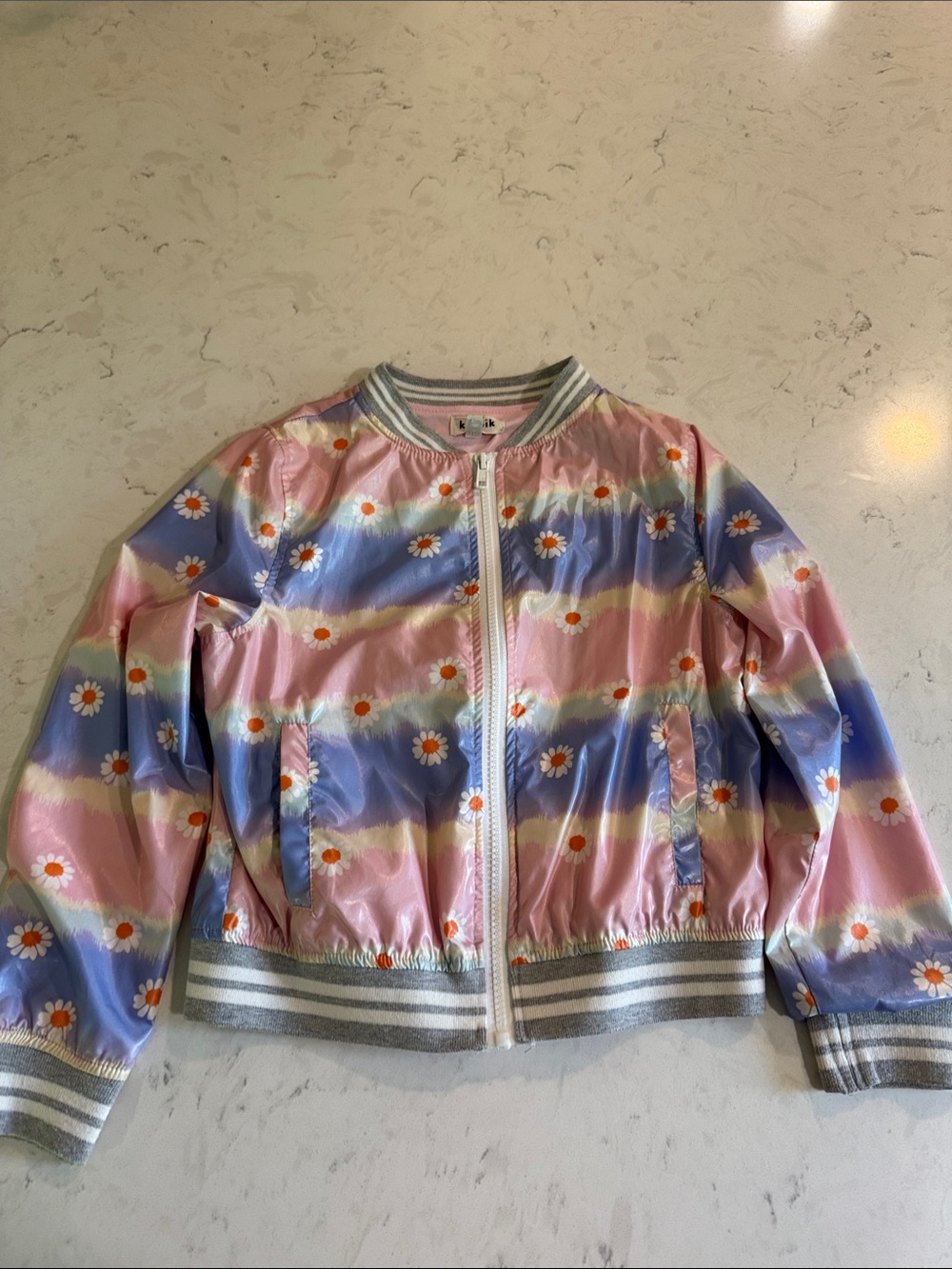 kidpik Daisy Stripe Bomber Jacket - Pink & Blue